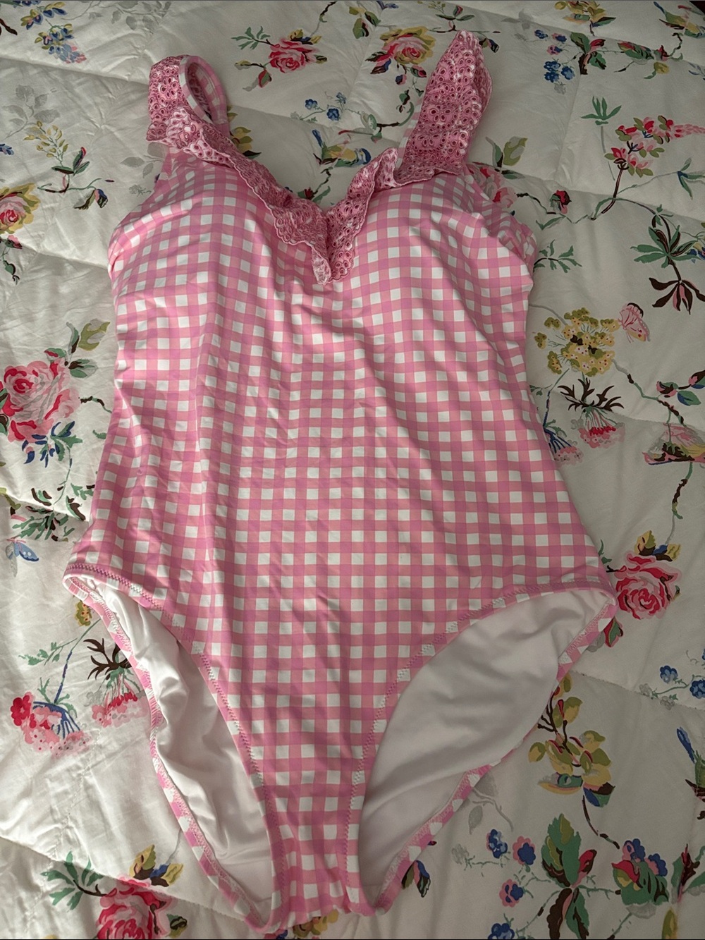 Lands' End Draper James Collab Pink Gingham One-Piece Swimsuit with Lace Straps